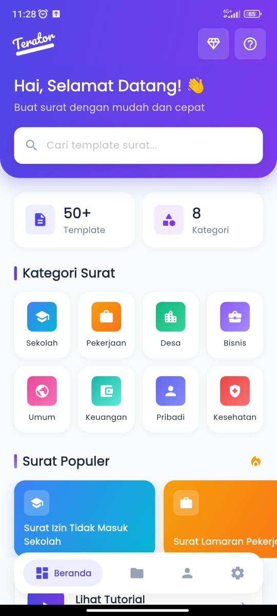 Tampilan beranda aplikasi Terator